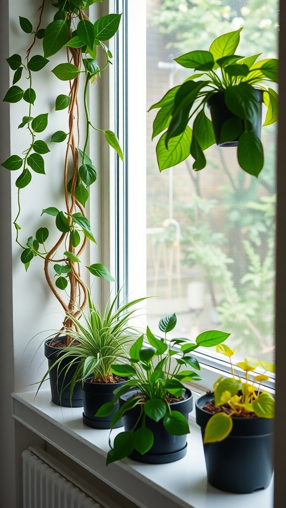 A variety of green house plants in black pots on a windowsill.