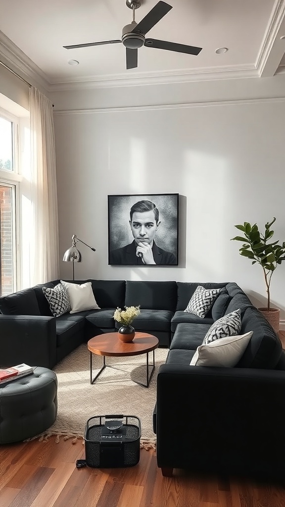 A stylish black upholstered sectional sofa in a bright living room with a round coffee table, decorative pillows, and a plant.