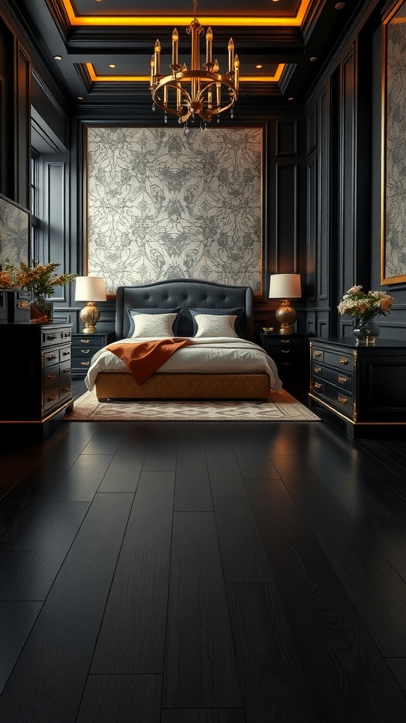 Elegant bedroom featuring black wood flooring, gold accents, and dark wall panels.