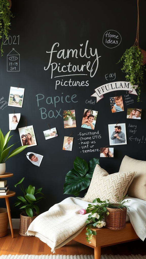 Family picture wall with a blackboard background featuring photos, green plants, and handwritten notes.