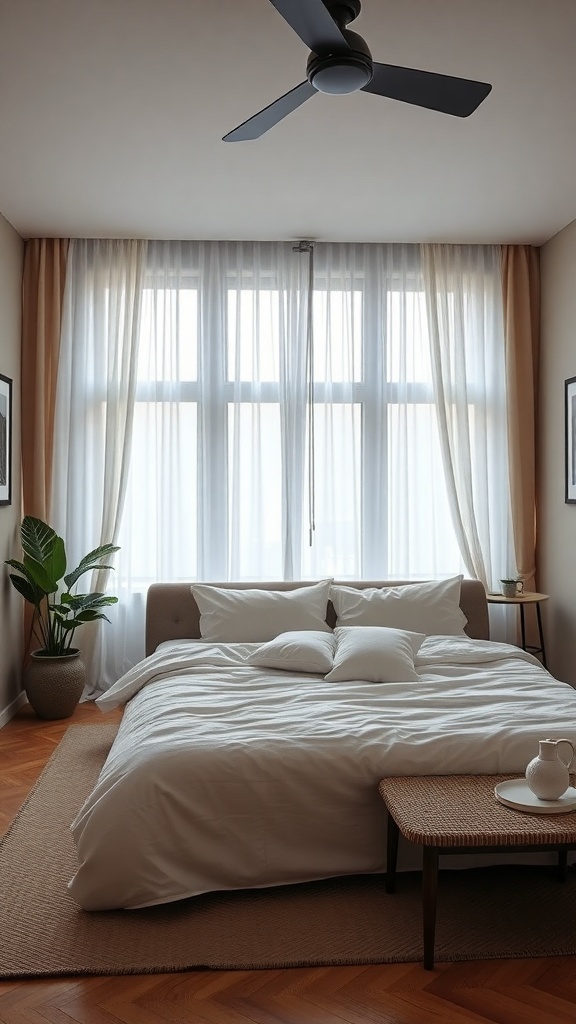 A cozy bedroom with light-colored curtains and a comfortable bed