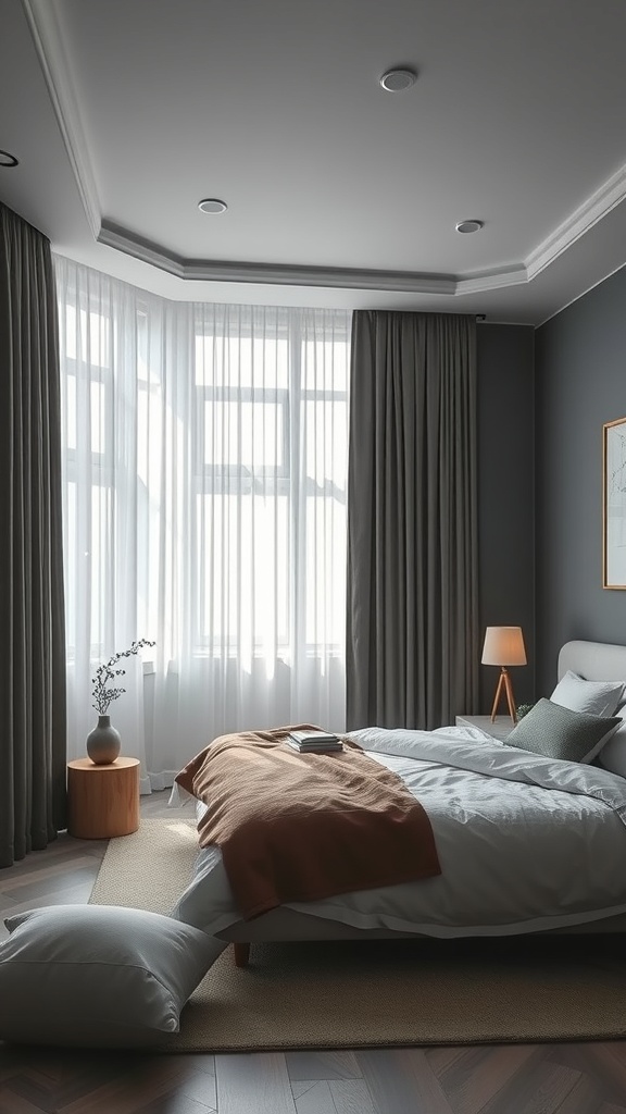 A modern bedroom featuring blackout curtains, a cozy bed, and stylish decor.