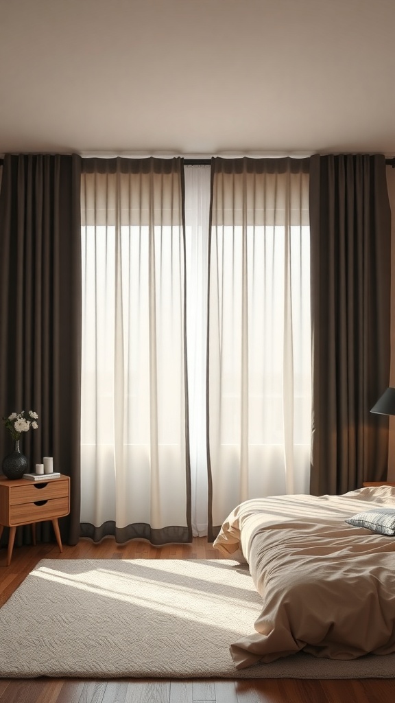 A cozy bedroom featuring layered blackout curtains and a neatly made bed.