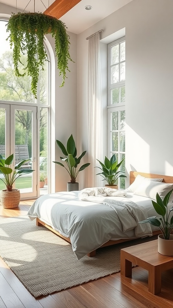 A bright and airy neutral bedroom with large windows, plants, and wooden furniture.