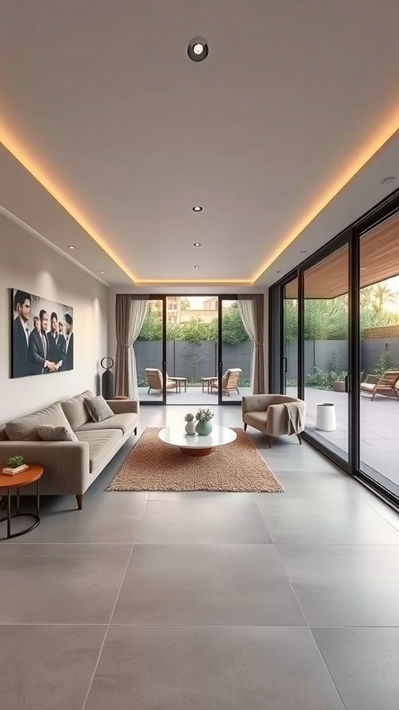 A modern living room with large glass doors leading to an outdoor space, featuring a sofa, round coffee table, and a rug.