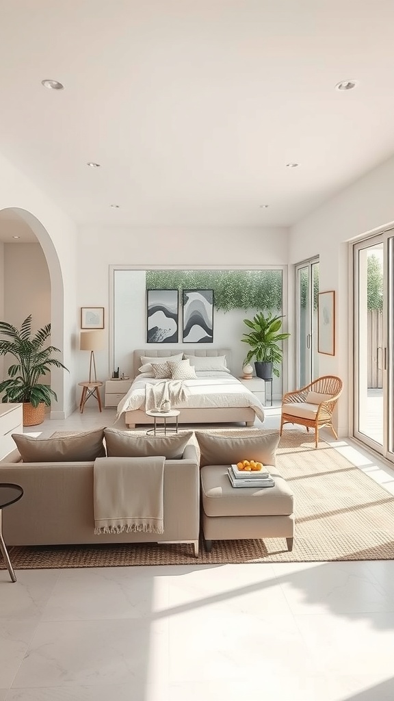 A bright open concept living room with large windows, a beige sofa, and a rattan chair, blending indoor and outdoor spaces.