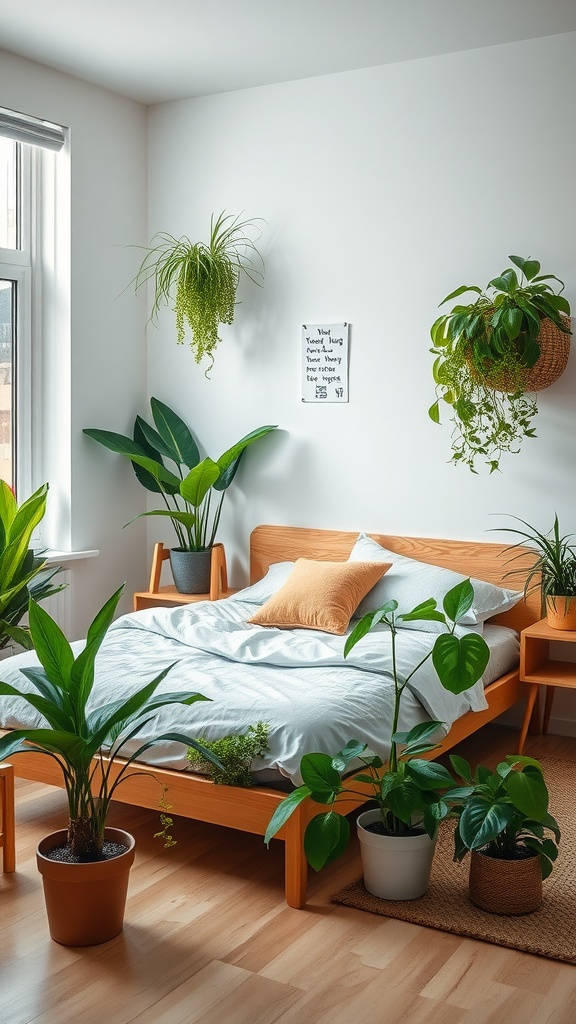 A cozy bedroom featuring a wooden bed, soft bedding, and various indoor plants including hanging and potted options.
