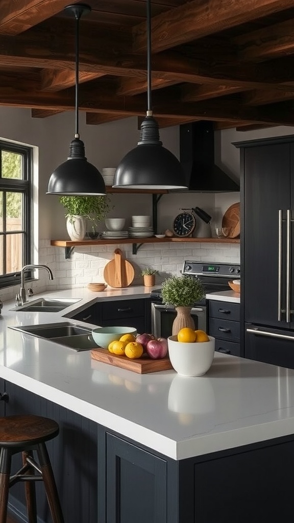 A modern kitchen with dark cabinetry, white countertops, and wooden beams, featuring fresh fruits on the counter.