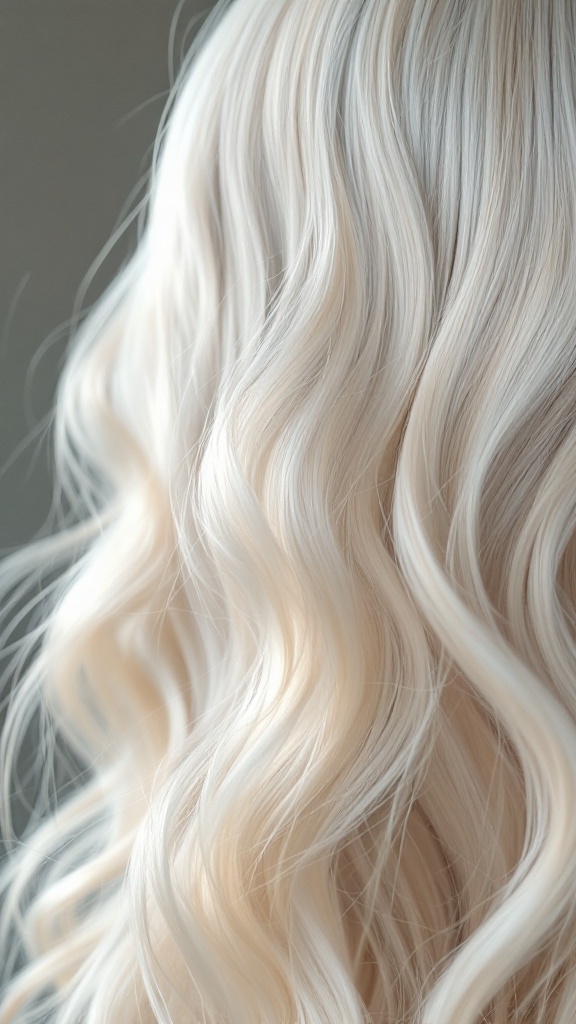 Image of beautiful platinum blonde balayage hair with soft waves.