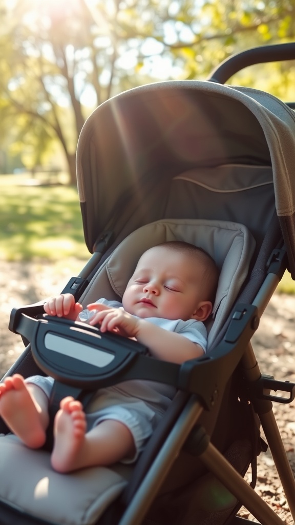 A sleeping baby in a stroller with sunlight filtering through trees.