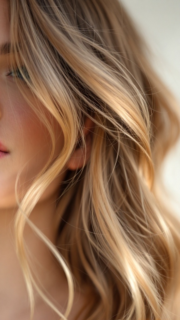 Close-up of light brown hair with blonde highlights styled in soft waves.