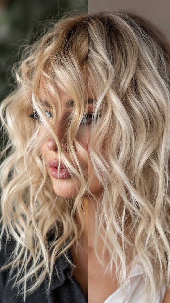 Side-by-side comparison of curly hair with traditional highlights on one side and balayage on the other