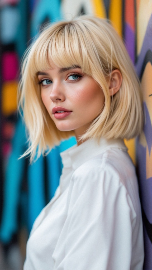 A woman with a blonde bob haircut and blunt bangs standing in front of a colorful wall.