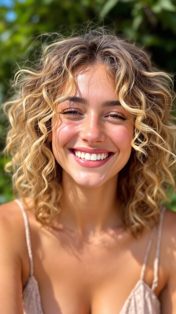 A woman with curly hair and blonde highlights smiling brightly