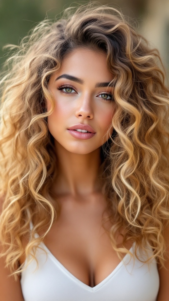 A woman with light brown hair featuring blonde highlights and curly hairstyle.