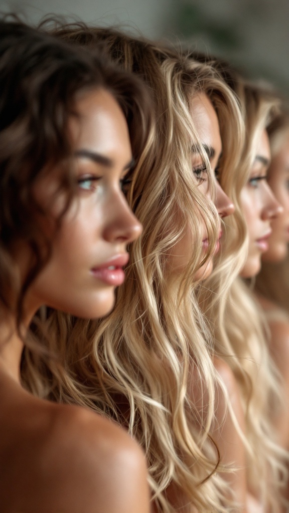 Models with dirty blonde hair showcasing different blonde highlights