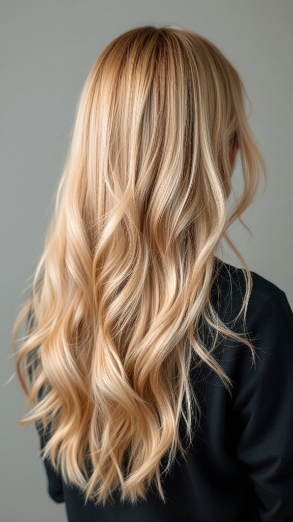 Long hair with blonde highlights styled in soft waves