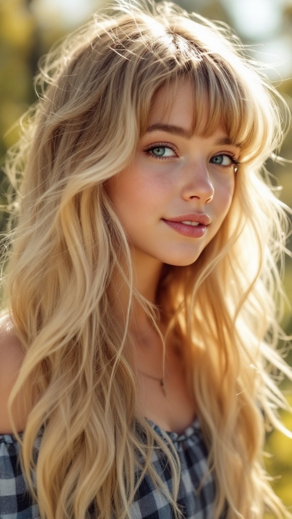 A young woman with long blonde hair and bangs, showcasing blonde highlights.