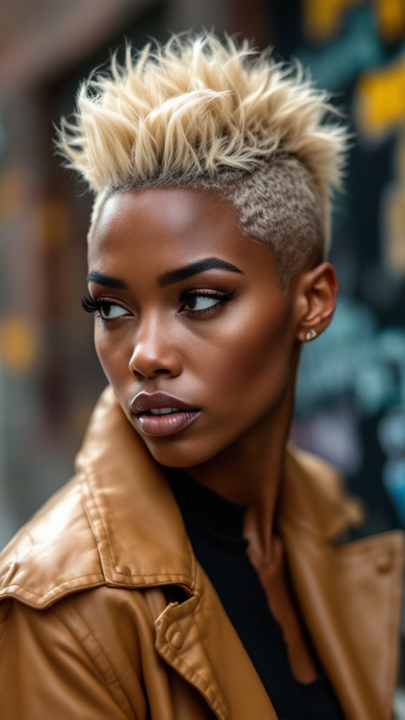 A stylish blonde mohawk with a fade, showcasing a confident look.