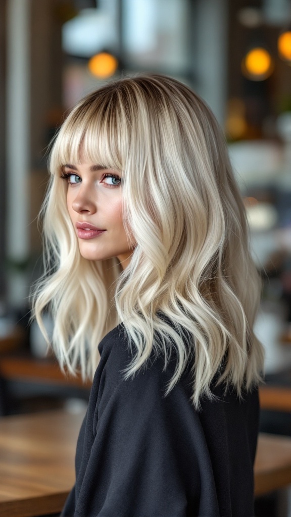 A woman with blonde ombre lob hairstyle featuring blunt bangs, styled in loose waves.