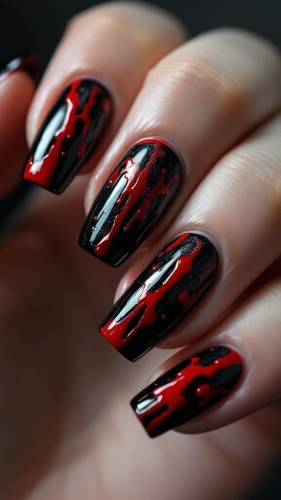 Nails painted black with red blood drip design, accessorized with silver rings