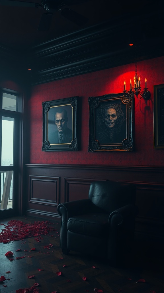 A goth-inspired bedroom with blood red accent walls, featuring dark portraits and scattered rose petals.