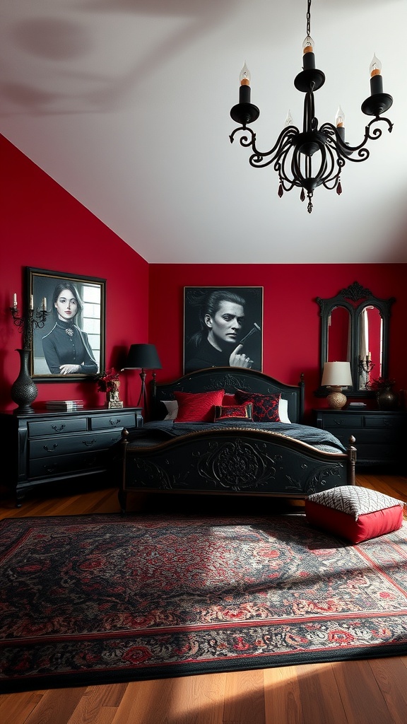 A goth bedroom featuring blood red accent walls, dark furniture, and elegant decor.