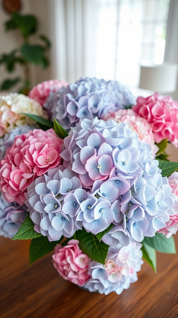 A vibrant bouquet of pink and blue hydrangeas with green leaves on a wooden table.