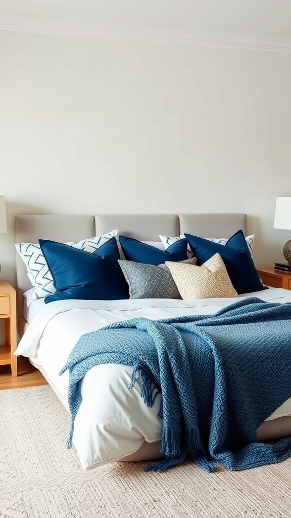 A cozy blue-themed bedroom with accent pillows and a throw