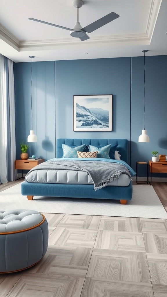 A modern blue and gray bedroom featuring a blue bed, gray accents, and wooden furniture.