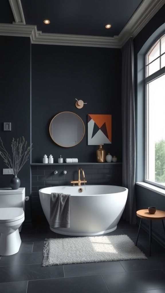 A modern bathroom featuring dark blue walls, a white round bathtub, gold fixtures, and gray accents.