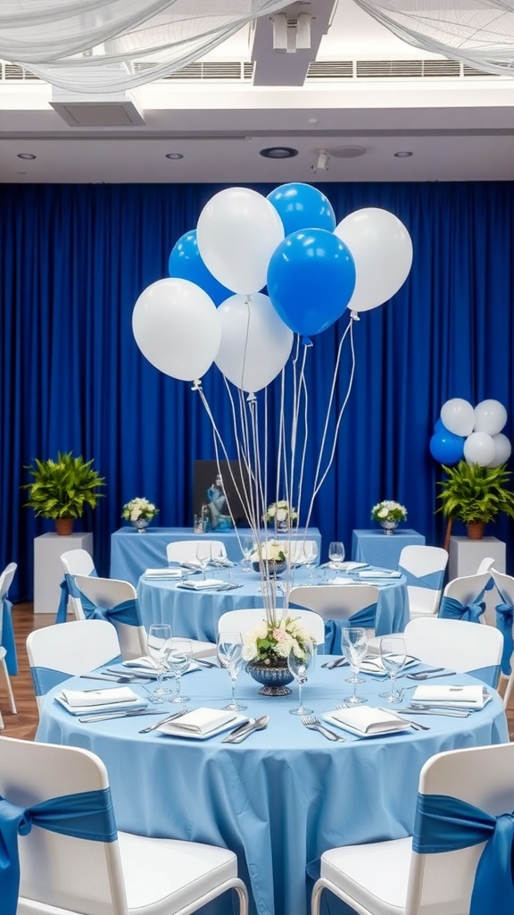 A decorated room for a baby shower featuring blue and white balloons and table settings.