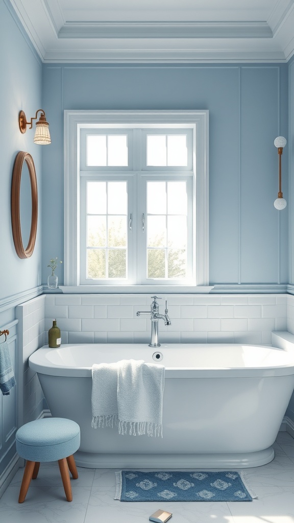 A bright blue and white bathroom featuring a freestanding tub, a window, and decorative accents.