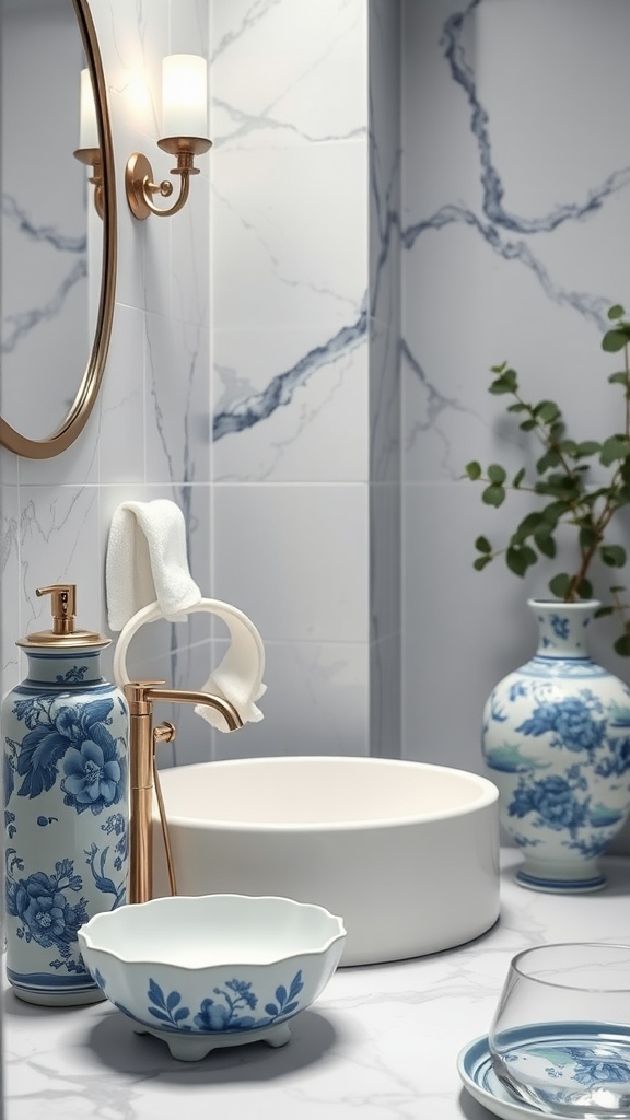 A luxurious bathroom featuring blue and white porcelain details, marble surfaces, and elegant fixtures.
