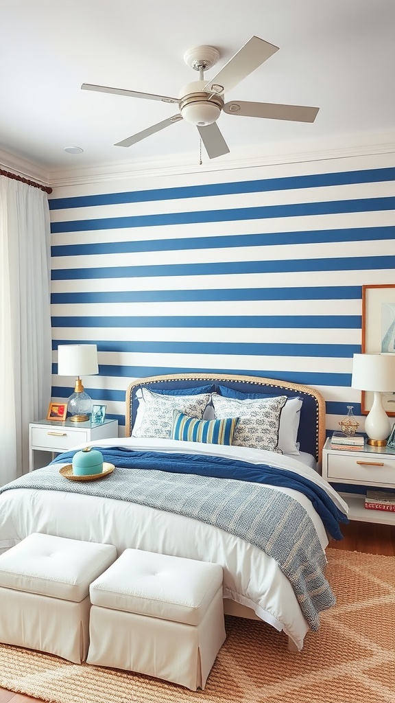 A bedroom with a blue and white striped accent wall, featuring a bed with blue and white bedding, nightstands, and a ceiling fan.