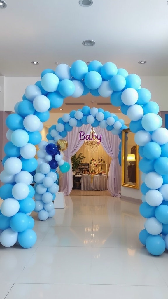 A decorative blue balloon arch at a baby shower venue.
