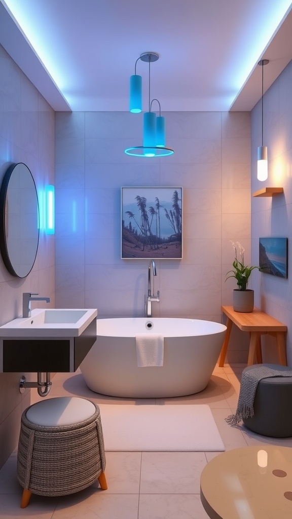 Modern bathroom with blue lighting fixtures and a stylish bathtub