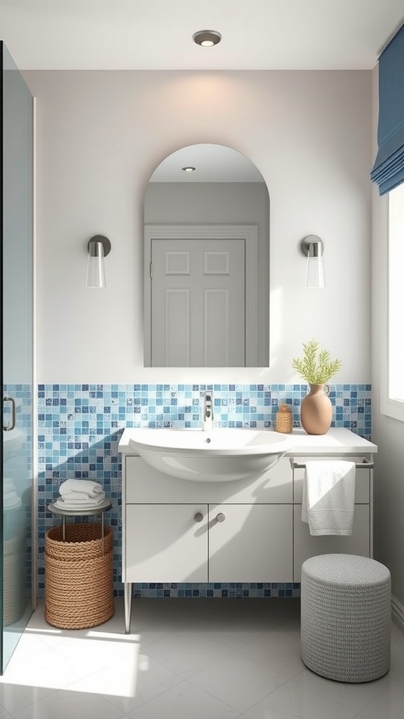 A modern bathroom featuring a blue mosaic backsplash, white vanity, and natural decor elements.