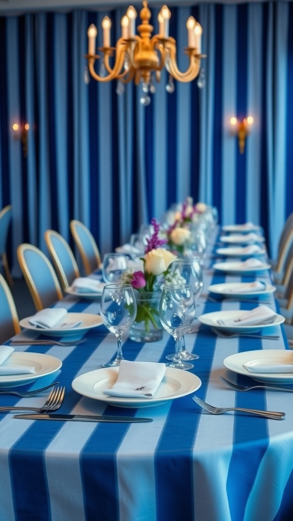 Elegant blue striped table settings with floral centerpieces.