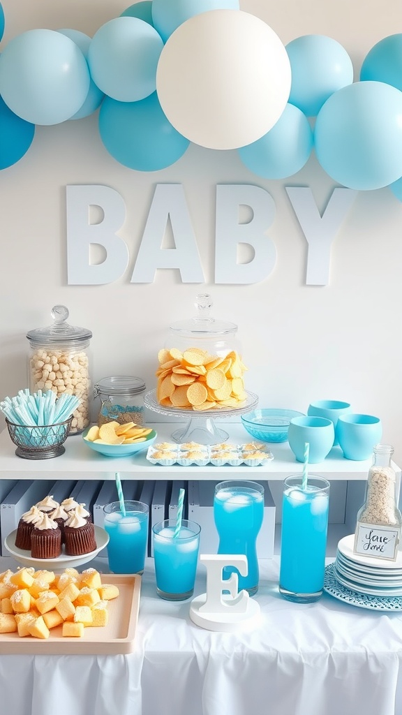 A blue-themed snack station with drinks, cupcakes, and snacks for a baby shower.