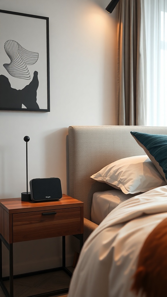 A modern Bluetooth speaker on a bedside table next to a neatly made bed with decorative pillows.
