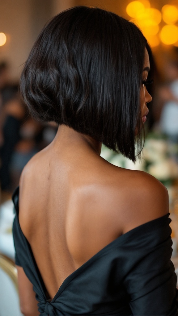 A woman with a blunt bob hairstyle featuring textured ends, showcasing a stylish look suitable for bridesmaids.