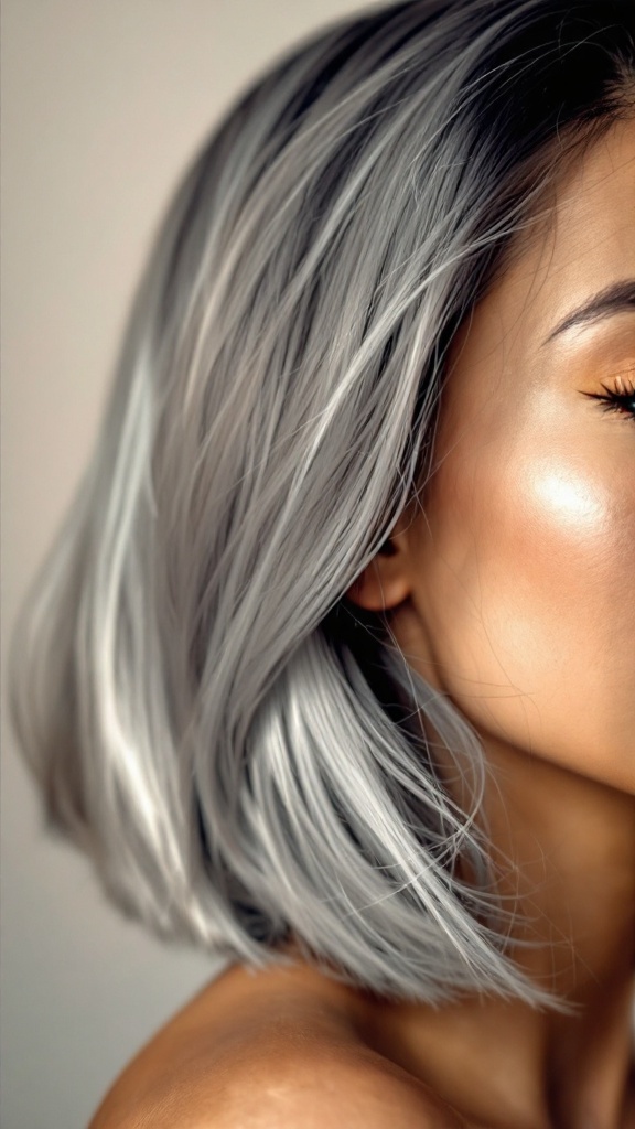 A close-up of a person with medium length gray hair styled in a blunt cut with subtle layering.