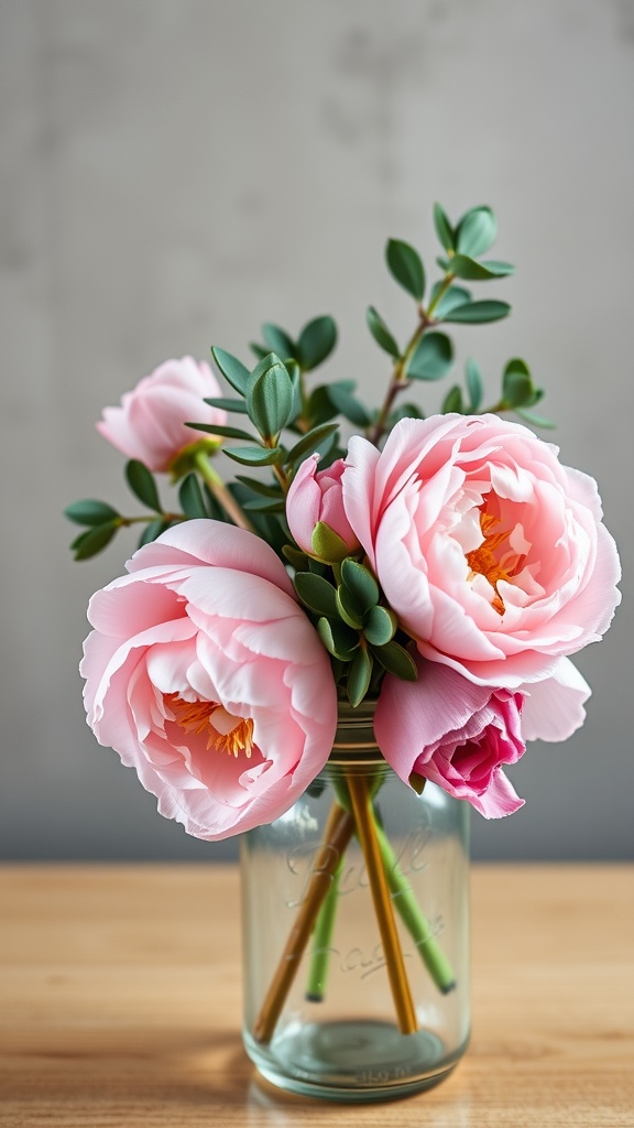 A floral arrangement featuring blush peonies and eucalyptus in a glass jar.