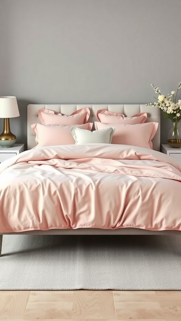 A cozy bedroom featuring blush pink bedding on a neatly made bed, with grey walls and decorative pillows.
