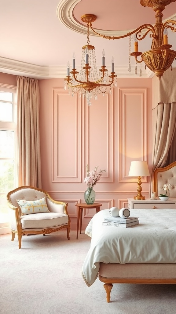 A blush pink bedroom featuring a chandelier, elegant decor, and soft textures.