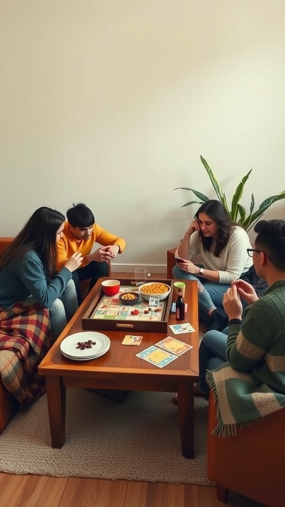 Group of friends enjoying a board game night with cozy blankets and snacks