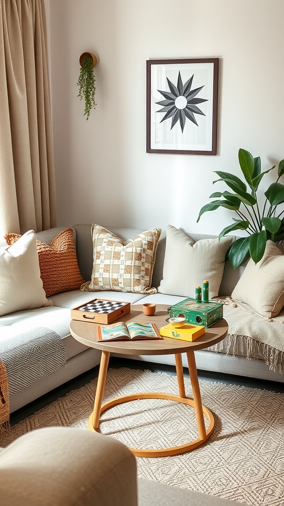 Cozy living room corner with a coffee table, board games, and puzzles for kids to play.