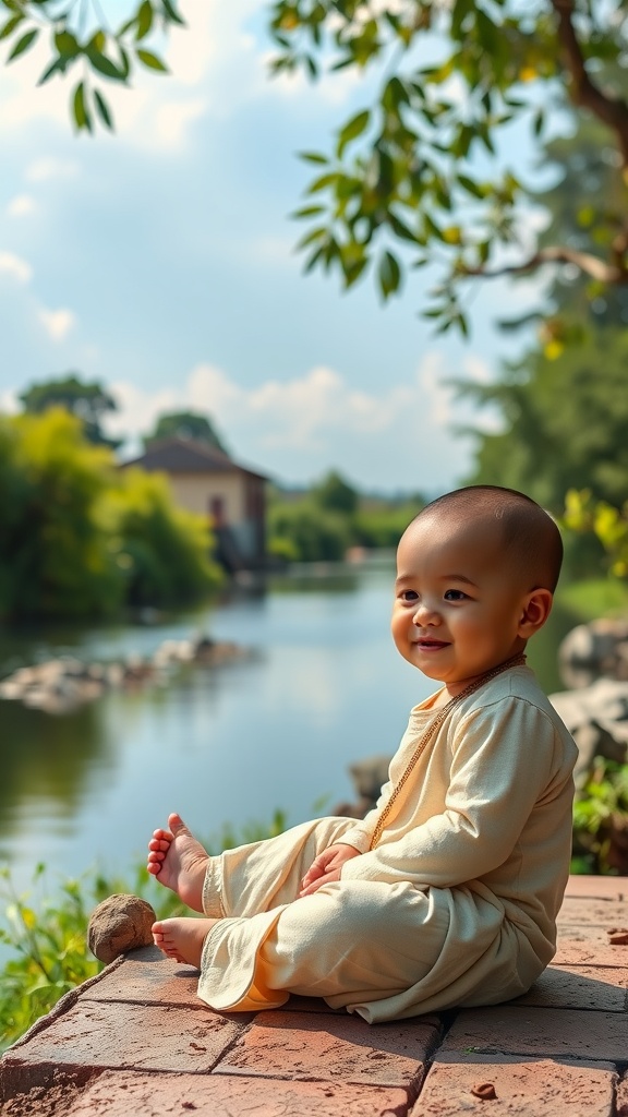 A smiling baby boy sitting by a peaceful water body, surrounded by greenery.