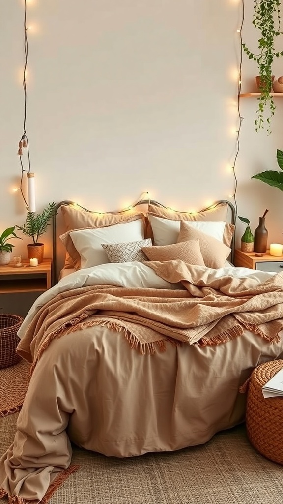 Cozy bohemian-inspired bedroom with layered bedding, string lights, and plants.